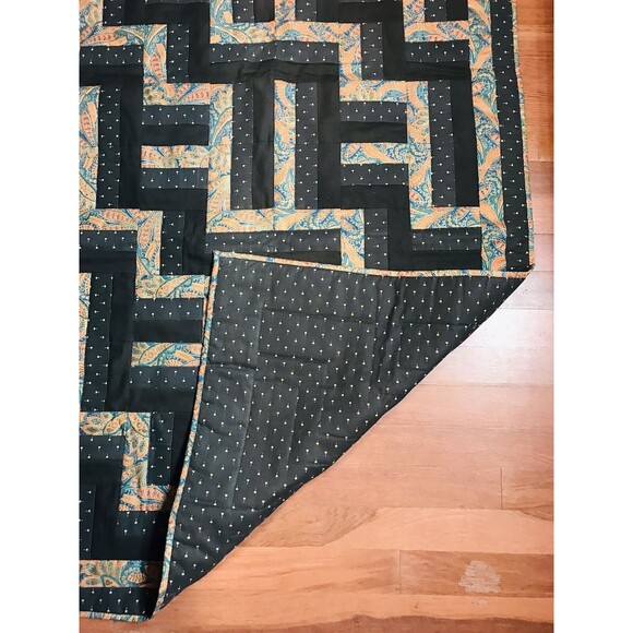 Vintage Handmade And Machine Sewn Wall Hanging Quilt Black Teal Orange 44 X 32 - Picture 3 of 12